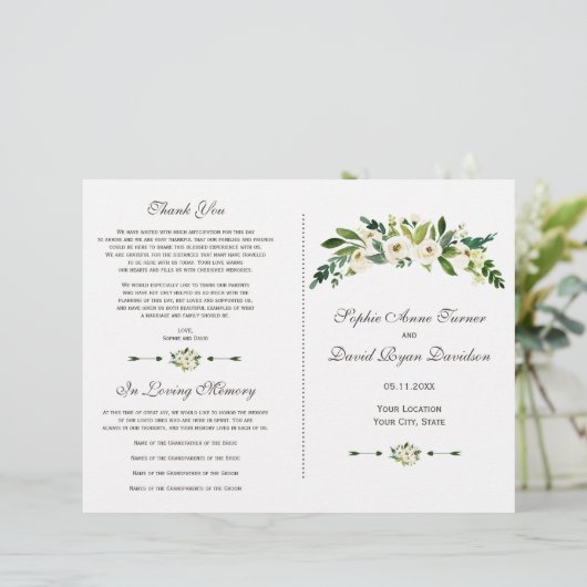 Elegant wit bloeiend bloemenhuwelijksprogramma (Staand voorkant)