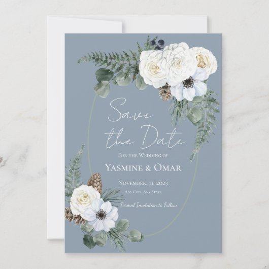 Elegant Wit Bloemen Stoffig Blauw Save the Date Kaart (Voorkant)