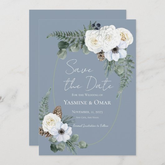 Elegant Wit Bloemen Stoffig Blauw Save the Date Kaart (Voorkant / Achterkant)