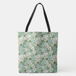 Elegant wit bloesempatroon op Sage Green Tas