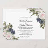 Elegant Wit | Blue Floral bruiloft uitnodiging (Voorkant / Achterkant)