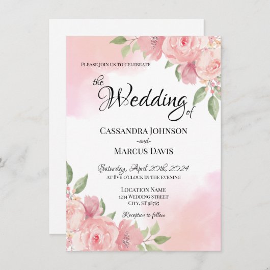 Elegant Wit Blush Roze Bloemen Waterverf Bruiloft Kaart (Voorkant / Achterkant)