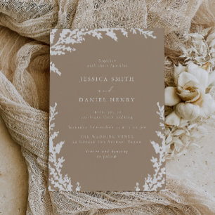 Elegant wit Bord Taupe Boho Leaf Wedding Kaart