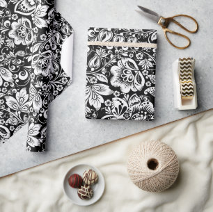 Elegant wit damast op zwarte achtergrond cadeaupapier