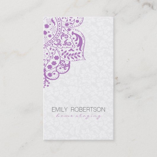 Elegant wit damast Paarse  kant Visitekaartje (Voorkant)