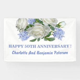 Elegant Wit En Blauw Bloemstuk 50ste Verjaardag Spandoek
