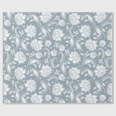 Elegant wit en blauw-grijs bloemendamast patroon cadeaupapier (Vlak)