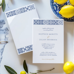 Elegant wit en blauw Mediterraan Tegel bruiloft Kaart