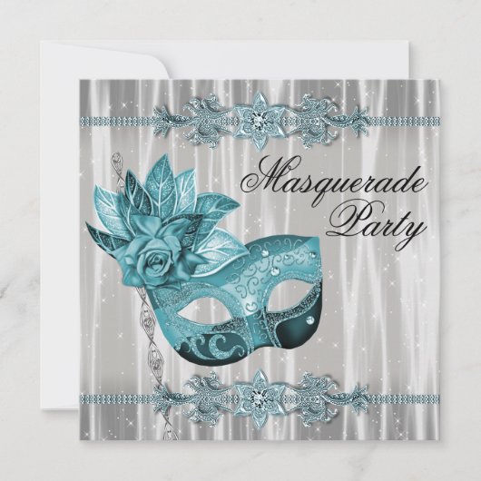 Elegant wit en Blauwgroen blauw Masquerade Party Kaart (Voorkant)
