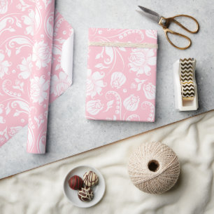 Elegant wit en bleek roze bloemendamast cadeaupapier