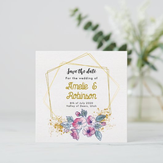 Elegant Wit en Goud Bloemendesign Modern Uniek Save The Date (Staand voorkant)