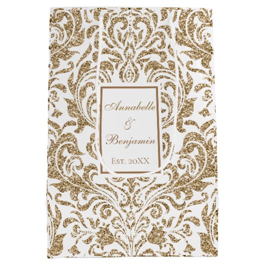 Elegant Wit en Goud Faux Glitter Bruiloft Medium Cadeauzakje (Achterkant)