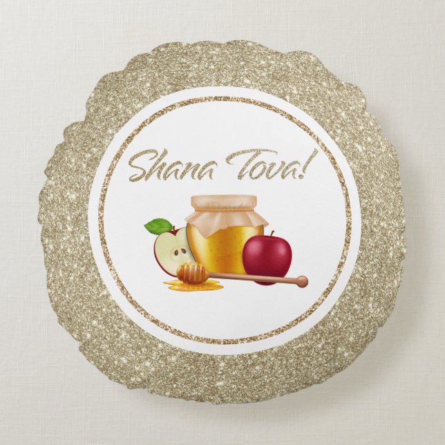 Elegant Wit en Goud Glitter Rosh Hashanah Rond Kussen (Voorkant)