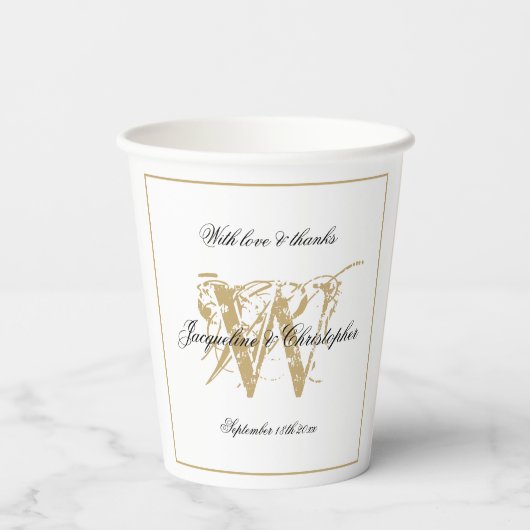 Elegant Wit en Goud Huwelijk Monogram Naam Chic Papieren Bekers (Achterkant)