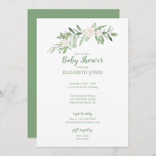 Elegant wit en groen Baby shower Kaart (Voorkant / Achterkant)