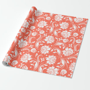 Elegant wit en koraalrood bloemendamast patroon cadeaupapier