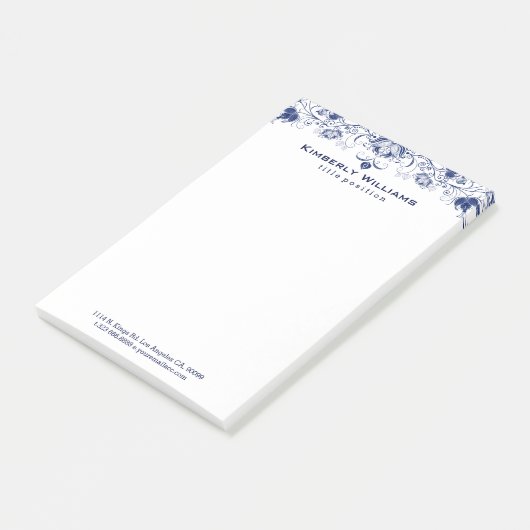 Elegant wit en marineblauw bloemenkant post-it® notes (Schuin)