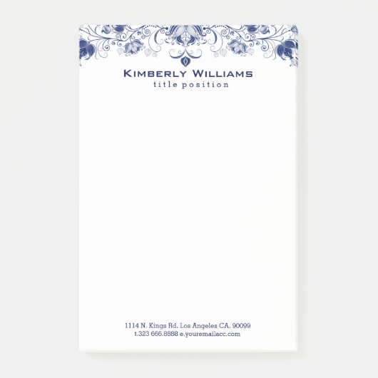 Elegant wit en marineblauw bloemenkant post-it® notes (Voorkant)