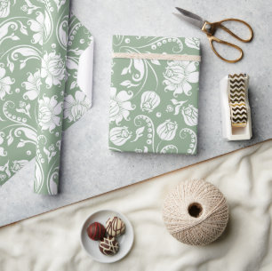 Elegant wit en salie groen bloemendamast patroon cadeaupapier