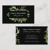 Elegant wit en zwart botanisch blad script visitekaartje (Voorkant / Achterkant)