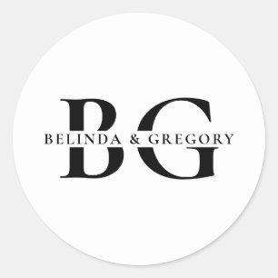 Elegant wit en zwart monogram Initialen bruiloft Ronde Sticker