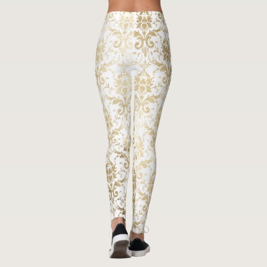 Elegant wit faux goud bloemendamast leggings (Achterkant)