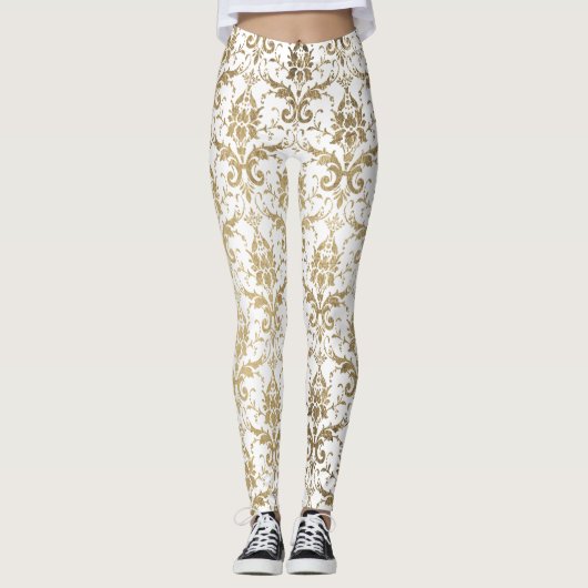 Elegant wit faux goud bloemendamast leggings (Voorkant)