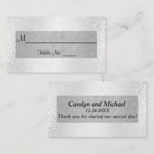 Elegant wit glitter en zilver plaatskaartje (Voorkant / Achterkant)