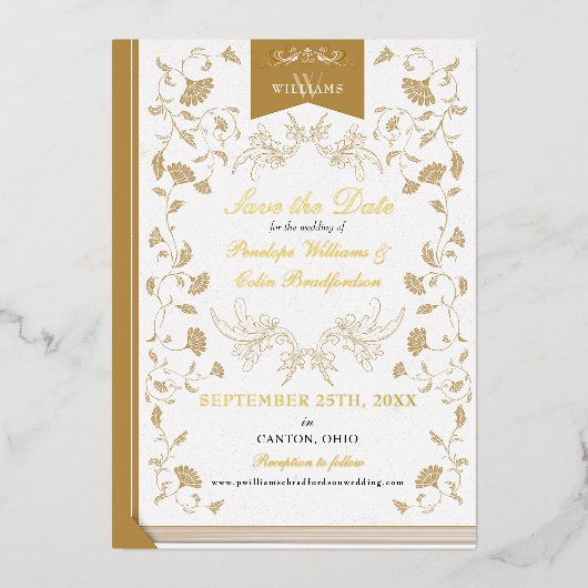Elegant Wit Goud Bibliotheek Bruiloft Save the Dat Folie Uitnodiging (Voorkant)
