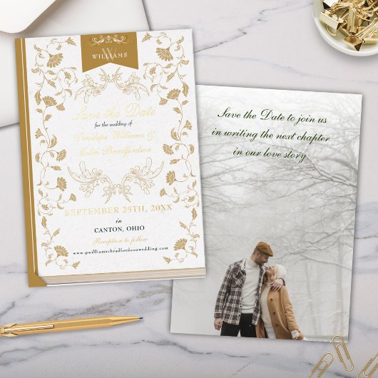 Elegant Wit Goud Bibliotheek Bruiloft Save the Dat Folie Uitnodiging