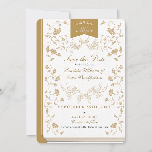 Elegant Wit Goud Bibliotheek Bruiloft Save the Dat Kaart (Voorkant)