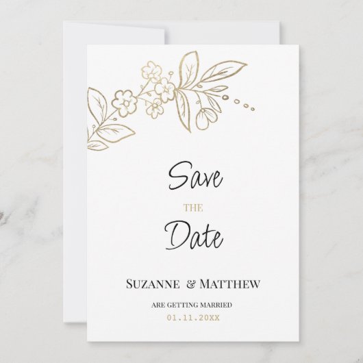 Elegant wit goud eenvoudige bloemen Save the Date Kaart (Voorkant)
