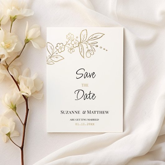 Elegant wit goud eenvoudige bloemen Save the Date Kaart