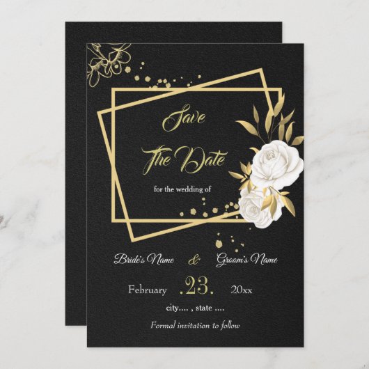 elegant wit goud florzwart behalve datum save the date (Voorkant / Achterkant)