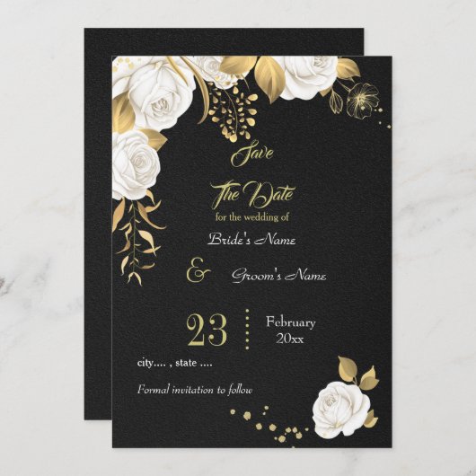 elegant wit goud florzwart save the date (Voorkant / Achterkant)