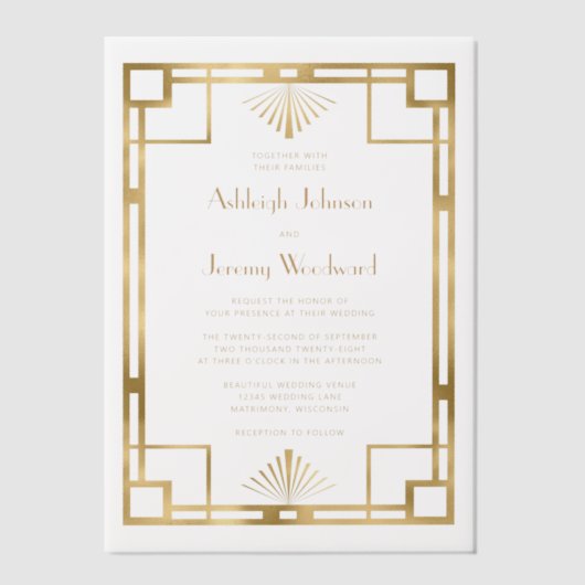 Elegant Wit Goud Geo 1920s Deco Bruiloft Vellum Uitnodigingen (Voorkant)