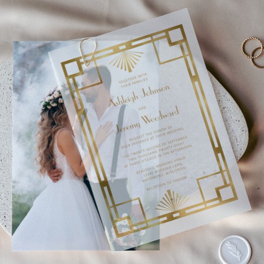 Elegant Wit Goud Geo 1920s Deco Bruiloft Vellum Uitnodigingen