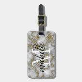 Elegant Wit Goud Marmer | Monogram Aangepast Bagagelabel (Voorkant verticaal)