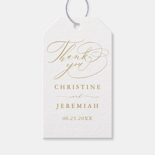 Elegant Wit Goud Script Namen Bruiloft Dank u Cadeaulabel (Voorkant)