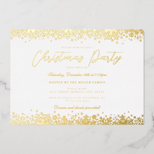 Elegant Wit Goud Sneeuwvlok Kerstfeest Folie Uitnodiging (Voorkant)