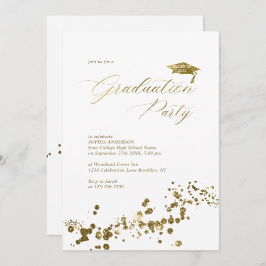 Elegant Wit Goud Stofstof Confetti Graduation Part Kaart (Voorkant / Achterkant)