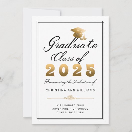 Elegant Wit Goud Zwart Script 2025 Afstuderen Aankondiging (Voorkant)