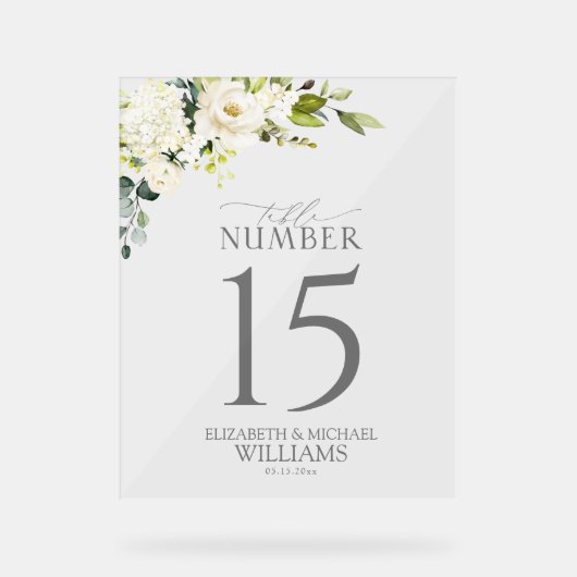 Elegant Wit Grijs Groen Bloemen Tafelnummer Acryl Bord (Voorkant)