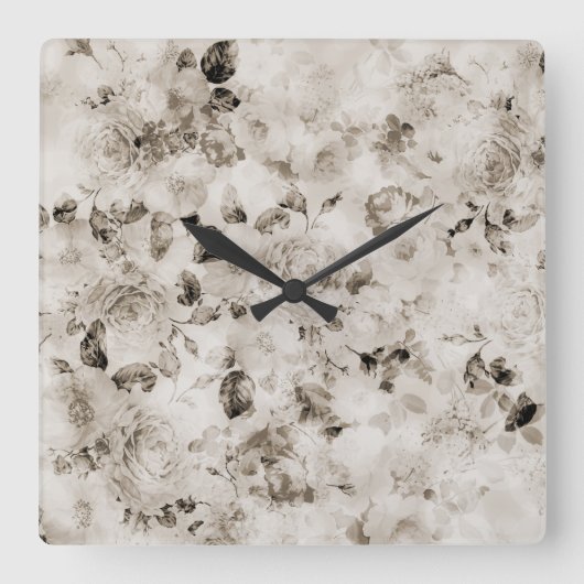 elegant wit grijs ivoor rozen floraal vierkante klok (Voorkant)