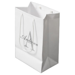 Elegant wit & grijs monogram medium cadeauzakje