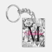 Elegant wit grijs zwart bloemenmotief waterverf sleutelhanger (Voorkant Links)