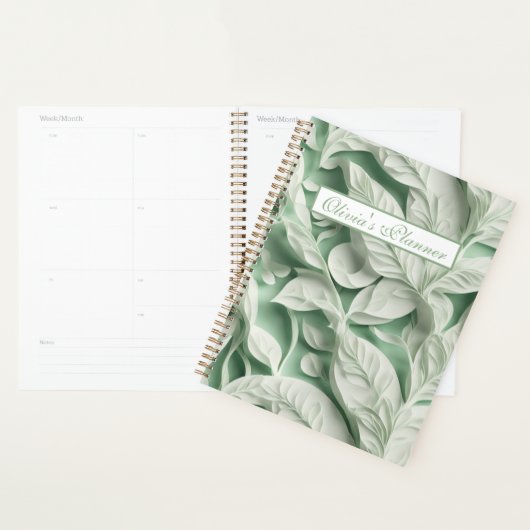 Elegant wit groen botanisch bladpatroon planner (Display)