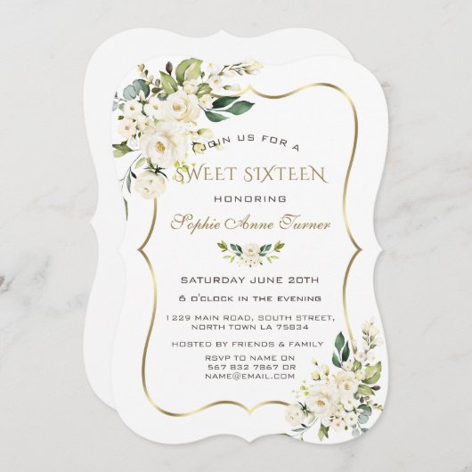 Elegant Wit Ivoor Bloem Goud Frame Zoete 16 Kaart (Voorkant / Achterkant)