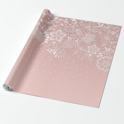 Elegant wit kant bloemen en confettienontwerp cadeaupapier (Uitgerold)