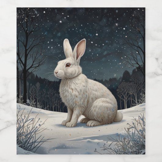 Elegant wit konijn Kerstmis besneeuwd bos Wijn Etiket (Enkel label)